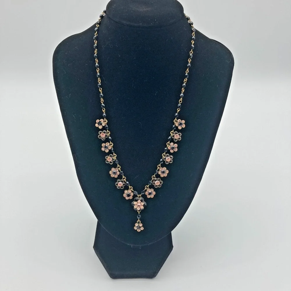 Vtg Michal Negrin Black Pink Beaded Floral Daisy Chain Choker Crystal Accents - Picture 3 of 9